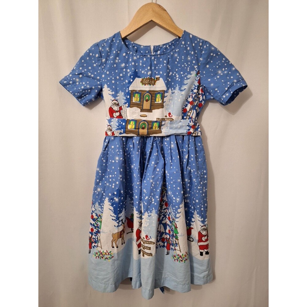 VTG Christmas Dress Litle Girl Sz 7/8 AOP Winter Wonderland Short Sleeve Cottage